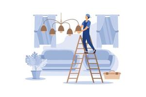 Master Household Works Hangs Chandelier at Home. Worker in Overalls Re-establishes Connection Wiring to Lighting Guest Room. He Happily Performs Freedom Work in Cozy and Comfortable Living Room. vector