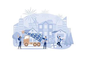 preparation for the new year in the city, festive decoration of the atmosphere and fireworks, the main tree vector flat modern design illustration