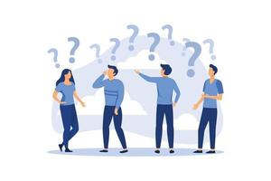 concept illustration of people frequently asked questions around question marks, answer to question metaphor vector flat modern design illustration