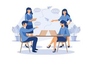 workers are sitting at the negotiating table, collective thinking and brainstorming, company information analytics flat design modern illustration vector