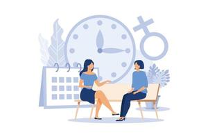 Young woman marks the date of her period in the online calendar. App for tracking menstrual cycle and ovulation, delayed menstruation flat design modern illustration