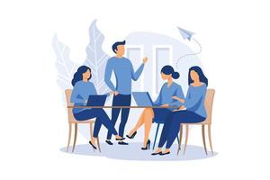 workers are sitting at the negotiating table, collective thinking and brainstorming, vector,company information analytics, flat design modern illustration vector