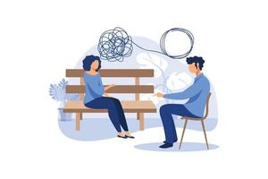 Psychotherapy concept. Psychologist and patient with tangled and untangled mind metaphor, doctor solving psychological problems, couch consultation, mental health treatment flat vector illustration