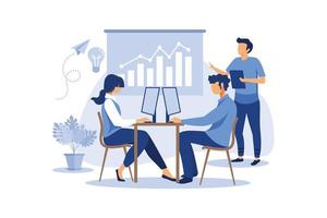 Training of office staff. Increase sales and skills. Team thinking and brainstorming. Analytics of company information flat vector illustration