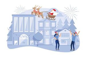 preparation for the new year in the city, festive decoration of the atmosphere and fireworks, the main tree vector flat modern design illustration