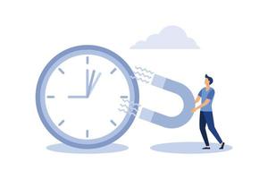 Time management, control business time or work deadline concept, smart businessman using magnet to stop clock hand metaphor of time manipulation. flat vector illustration