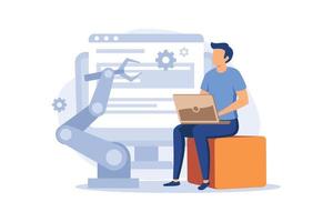 Developer at laptop and computer with open robotic soft. Open automation architecture, open source robotics soft, free development concept. Bright vibrant violet vector isolated illustration