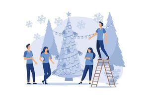 small people are preparing for the new year, are engaged in decoration, corporate in the office at work vector flat modern design illustration