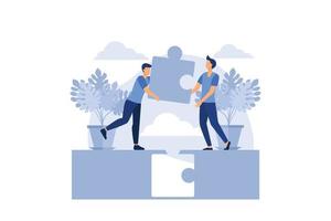Two businessmen connecting puzzle elements. Vector illustration flat style design. Combining two pieces. Symbol of working together, cooperation, partnership. vector flat modern design illustration