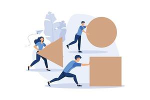 Businessman pushing sphere and leading the race against group other not so lucky guy pushing boxes. Concept of innovation in business winning strategy, vector, flat design modern illustration
