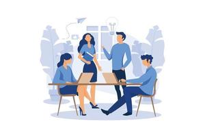 working and meeting workers online, vector team thinking and brainstorming, company information analytics, self-isolation flat design modern illustration