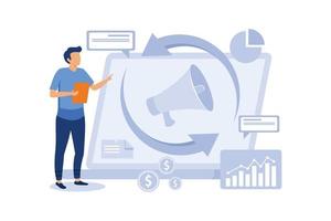 el gerente de remarketing y el especialista ponen anuncios dirigidos. estrategia de remarketing, herramienta de marketing digital, concepto de metodología de generación de visitantes. vector