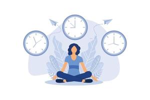 concepto de meditación durante las horas de trabajo, descanso, beneficios para la salud del cuerpo, la mente y las emociones, proceso de pensamiento vector plano ilustración de diseño moderno