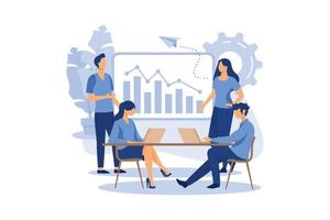Training of office staff. Increase sales and skills. Team thinking and brainstorming. Analytics of company information. vector flat modern design illustration