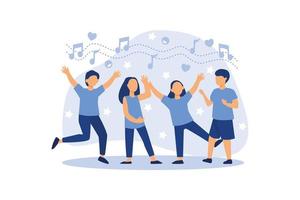group of children dancing and having fun to music vector flat modern design illustration