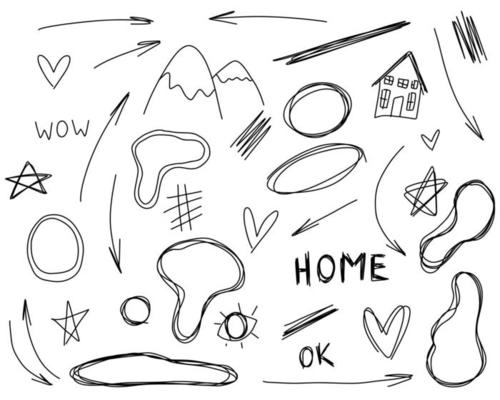 Doodle nature, mountains, arrows, frames, text, house, home. Sketch set cute isolated line collection.