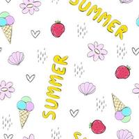 Hand drawn summer seamless pattern with strawberry, abstract, hearts, food doodle. Cute vector for paper, fabric, book, kitchen, children.