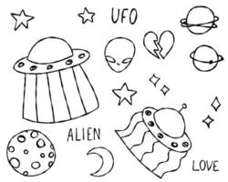 Doodle line ufo stars text aliens. Sketch set cute isolated collection cosmos. vector