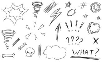 Doodle tornado, nature, mountains, arrow, stars, skull, text. Sketch set cute isolated line collection. vector