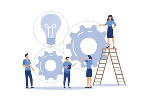 Flat vector illustration, teamwork on finding new ideas, little people launch a mechanism, search for new solutions, creative work