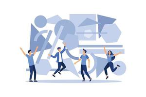 A team of people assemble an abstract geometric puzzle. characters collect geometric shapes vector flat modern design illustration