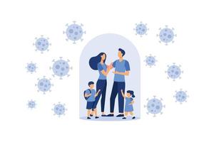 Self-isolation from a pandemic. Family quarantined and isolated under a glass dome under protection vector flat modern design illustration