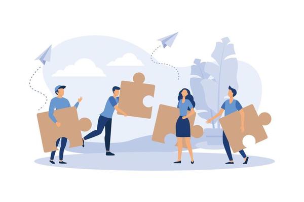Team metaphor. people connecting puzzle elements. Vector illustration flat design style. Symbol of teamwork, cooperation, partnership vector, flat design modern illustration