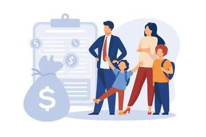 Family benefit flat vector illustration. Family tax benefit, payment per child, help with raising children, economic support, insurance agent, piggy bank, money abstract metaphor.