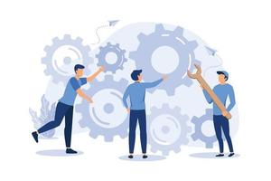 little people links of mechanism, business mechanism, abstract background with gears, people are engaged in business promotion, strategy analysis, vector