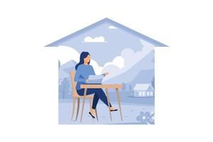 Beautiful businesswoman using laptop while sitting at her desk. Office workplace interior. Flat vector illustration.