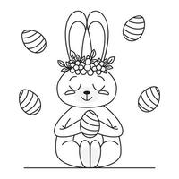 Happy Easter rabbit in doodle style. Cute outline rabbit, bunny for coloring. Rabbit Bunny Cartoon Outline Coloring Book or page for kids. Illustration Vector. vector