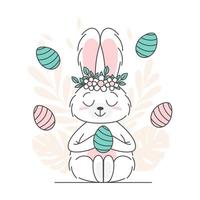 tarjeta de pascua con conejo y huevos. tarjeta de felicitación de Pascua feliz y plantilla de ilustración vectorial. lindo diseño para invitación, tarjeta, menú, volante, pancarta, afiche, cupón. huevos y orejas de conejo vector