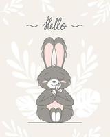 Cute bunny, baby and children concept. Happy easter rabbits different poses cartoon characters. Card with Cute bunny. Bunny with floral leafs. Design for baby, kids poster, card, invitaton. Vector