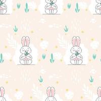 Seamless Pattern of Cute bunny, baby and children concept. Happy easter rabbits different poses cartoon characters. Bunny with floral leafs. Design for baby, kids poster, card, invitaton. Vector