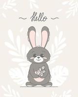 Cute bunny, baby and children concept. Happy easter rabbits different poses cartoon characters. Card with Cute bunny. Bunny with floral leafs. Design for baby, kids poster, card, invitaton. Vector