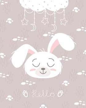 lindo concepto de conejito, bebé y niños. felices conejos de pascua diferentes poses personajes de dibujos animados. tarjeta con lindo conejito. conejito con hojas florales. diseño para bebé, afiche para niños, tarjeta, invitación. vector