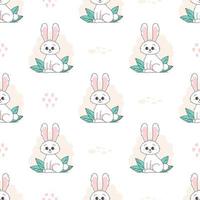 Seamless Pattern of Cute bunny, baby and children concept. Happy easter rabbits different poses cartoon characters. Bunny with floral leafs. Design for baby, kids poster, card, invitaton. Vector