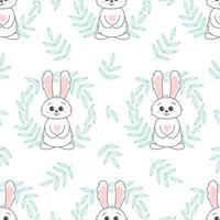 Seamless Pattern of Cute bunny, baby and children concept. Happy easter rabbits different poses cartoon characters. Bunny with floral leafs. Design for baby, kids poster, card, invitaton. Vector