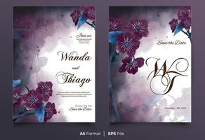 Watercolor wedding invitation template with dark purple and blue flower ornament vector