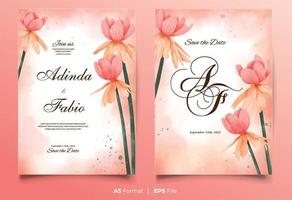 Watercolor wedding invitation template with pink and yellow flower ornament