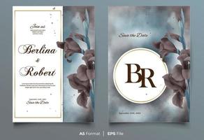 Watercolor wedding invitation template with black and blue flower ornament vector