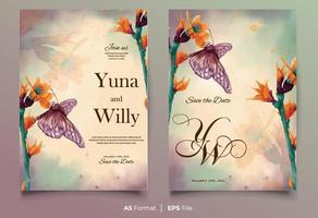 Watercolor wedding invitation template with green yellow flower and purple butterfly ornament vector