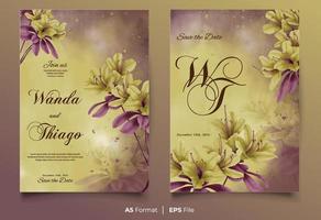 plantilla de invitación de boda de acuarela con adorno de flores amarillas y moradas vector