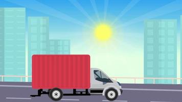 Delivery van running on an urban road 4K animation. Truck driving on cityscape background with a shiny sun. Online shopping or food delivery truck motion graphics. Delivery service van 4K animation. video