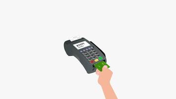 pago con animación de tarjeta 4k. animación del sistema de pago con tarjeta de comercio electrónico. pago con tarjeta a través de un terminal pos. transacción de dinero de animación de terminal de pago con recibo. pagar por la animación de bienes.