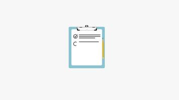 Checklist 4K animation. Clipboard with checkmarks and a pencil. Worklist checkmarks animation on white background. Office task progress report clipboard 2D animation. Checklist on a clipboard. video