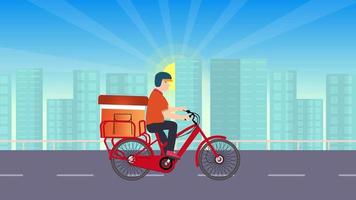 Home delivery with a bicycle 4K animation. A delivery man riding a bicycle in the urban area. Online shopping and food delivery concept. Bicycle running on a cityscape and sunny background. video