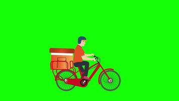 een bezorger die fietst in een groene achtergrond 4k-animatie. online winkelen en eten bezorgen concept. thuisbezorgd met een fiets. fiets draait op een groen scherm voor voedselbezorgservice. video
