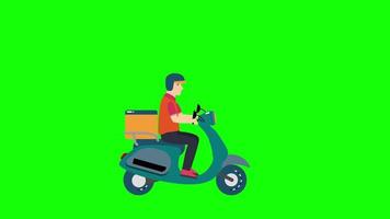 un repartidor montando un scooter en animación de fondo verde 4k. pedido en línea y concepto de entrega a domicilio animación en bucle. repartidor en pantalla verde conduciendo una moto. servicio de entrega de alimentos. video