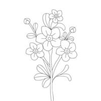 natural flower contour drawing outline blossom petals with leaves illustration vector